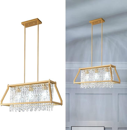LMQNINE Chandeliers for Dining Room, 3-Light Trapezoidal Industrial Dining Room Light Fixture Farmhouse Chandelier Crystal Pendant Lights Kitchen Island Living Room (Gold 25.98 inch)