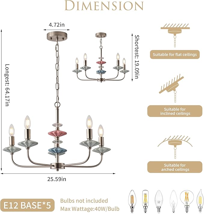 Brushed Nickel Chandeliers for Dining Room Light Fixture ，with Blue Green Ceramic Art Deco Chandelier, Modern Retro Candle Chandelier,Farmhouse Chandelier for Girls Bedroom，Living Room,Foyer