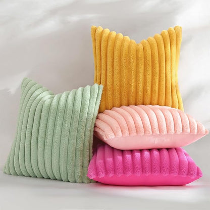 decorUhome Summer Cozy Faux Fur Throw Pillow Covers 26x26 Set of 2 Decorative Plush Striped Modern Farmhouse Boho Couch Euro Sham Pillow Cases with Velvet Back for Sofa Bed Living Room, Blush Pink