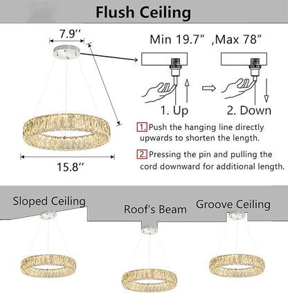 HAIXIANG Modern Crystal Chandelier Dimmable LED 16 Inch Ring Pendant Lights Adjustable Glam Chandeliers Lighting Fixtures for Dining Room Living Room Bedroom Silver Light