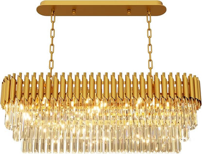 10-Light Modern Gold Crystal Chandelier, Luxury Rectangular Crystal Chandeliers for Dining Room, Kitchen Island, Living Room, Farmhouse Chandelier Lighting