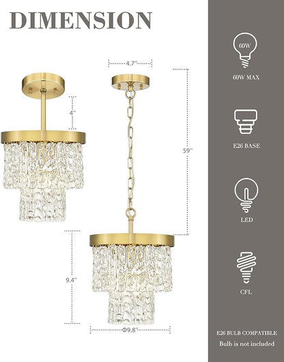 Water Ripple Gold Chandelier, 2-Tier 10'' Pendant Lights Kitchen Island, Vintage Chandeliers for Dining Room Kitchen Island Bedroom Entryway, CC4848-1P-PG