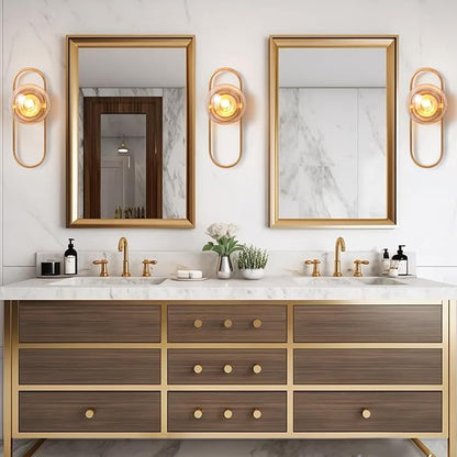 Gold Wall Lamp Sconces Set of 2 with Amber Globe Glass Shade - Wall Lights for Living Room & Bedrooms