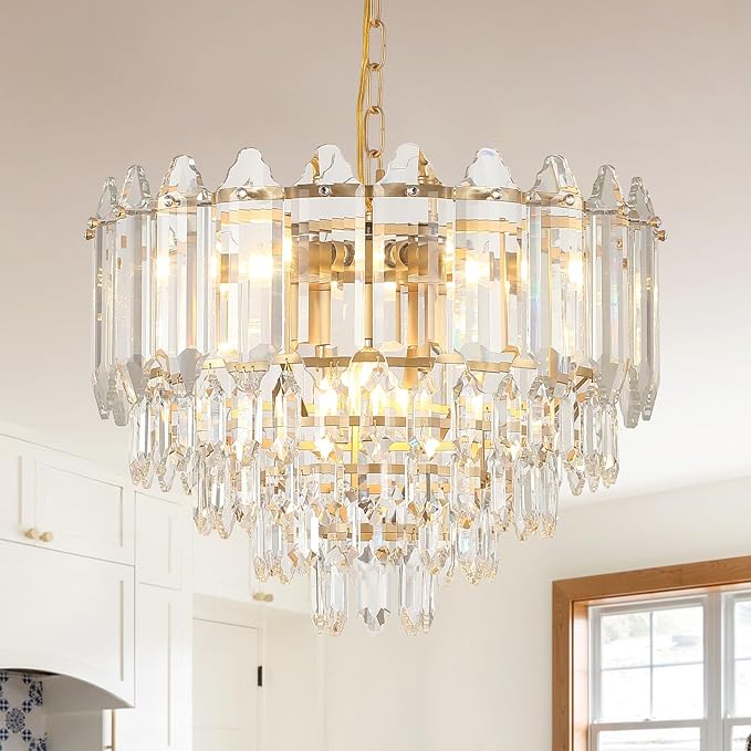 A AXILIXI Modern Crystal Chandelier Gold 20" K9 Crystal Chandelier 5-Tier 9 Lights Luxury Pendant Lighting Adjustable Chandeliers Lamp for Living Room Dining Room Bedroom Foyer Entryway, E12
