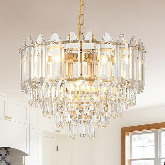 A AXILIXI Modern Crystal Chandelier Gold 20" K9 Crystal Chandelier 5-Tier 9 Lights Luxury Pendant Lighting Adjustable Chandeliers Lamp for Living Room Dining Room Bedroom Foyer Entryway, E12