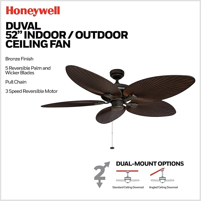 Honeywell Ceiling Fans Duval 52 Inch Ceiling Fan, Quick 2 Hang Indoor/Outdoor Ceiling Fan with Pull Chain, Tri-Mount 5 Blade Tropical Design, ETL Damp Rated, Bronze (50201-01)