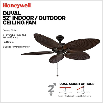 Honeywell Ceiling Fans Duval 52 Inch Ceiling Fan, Quick 2 Hang Indoor/Outdoor Ceiling Fan with Pull Chain, Tri-Mount 5 Blade Tropical Design, ETL Damp Rated, Bronze (50201-01)