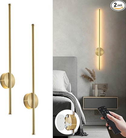 Battery Operated Modern Wall Sconces Set of Two,Rechargeable Wireless Wall Lights with Remote Control,Dimmable,3CCT,Timer,360°Rotation,Cordless Lighting for Bedroom,Living Room,Hallway,Brass,27.6 Inch