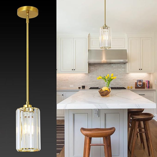LAMSU Crystal Pendant Lights, Modern Gold Pendant Lighting with Clear Glass Shade, Small Brass Chandelier Light Fixtures Ceiling Hanging for Dining Room Kitchen Island Bedroom Foyer Hallway
