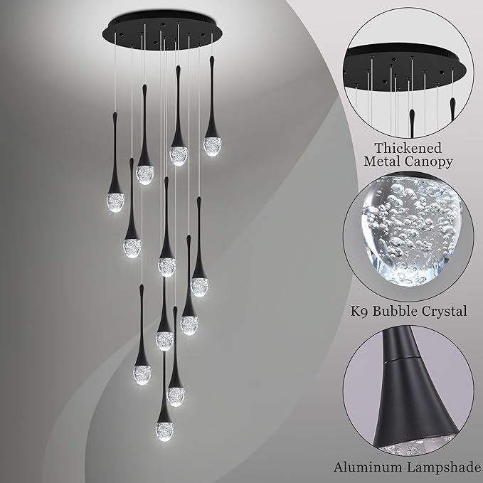 Modern Crystal Staircase Chandelier Black 12-Lights, H120'' Large High Ceiling Spiral Dimmable LED Raindrop Foyer Entryway Light Fixture Remote Control