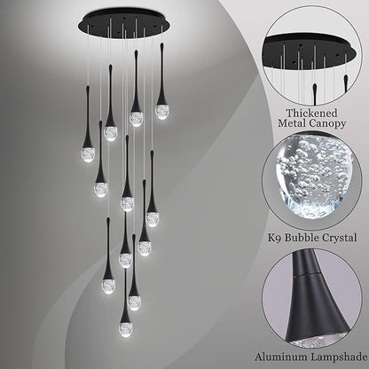 Modern Crystal Staircase Chandelier Black 12-Lights, H120'' Large High Ceiling Spiral Dimmable LED Raindrop Foyer Entryway Light Fixture Remote Control