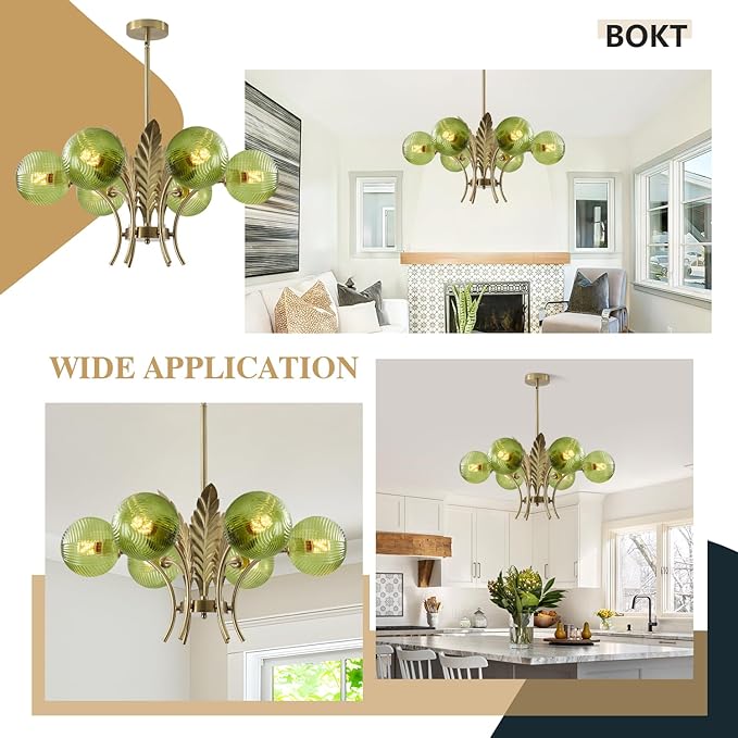 BOKT Brushed Brass Chandelier Gold Leaf 6 Green Glass Globe Hanging Pendant Light Fixture Classic Adjustable Height Medieval Sputnik Chandelier for Home