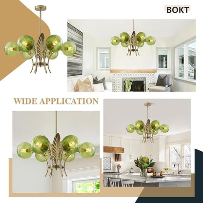 BOKT Brushed Brass Chandelier Gold Leaf 6 Green Glass Globe Hanging Pendant Light Fixture Classic Adjustable Height Medieval Sputnik Chandelier for Home