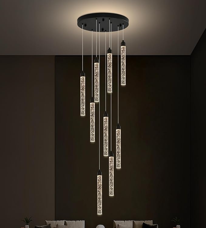 Crystal Staircase Chandelier, Modern Black Spiral Dimmable LED Cluster Raindrop Foyer Chandelier Lighting, Bubble Living Room Hanging Light Fixture 9 Light Remote Control