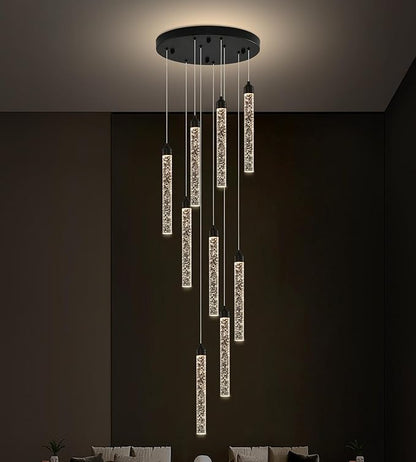 Crystal Staircase Chandelier, Modern Black Spiral Dimmable LED Cluster Raindrop Foyer Chandelier Lighting, Bubble Living Room Hanging Light Fixture 9 Light Remote Control