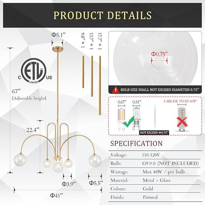 Gold Sputnik Chandelier,6 Lights Large Modern Chandelier L40”Mid Century Long Ceiling Pendant Light Fixtures for Dining Room with Clear Glass Globe Shades for High Ceiling Foyer Living Room