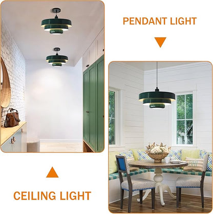 Mid Century Pendant Light Fixtures Ceiling Pendant Lighting 3-Layer Metal Shade Design Vintage Flush Mount Light for Dining Table Kitchen Island Hallway (Green)