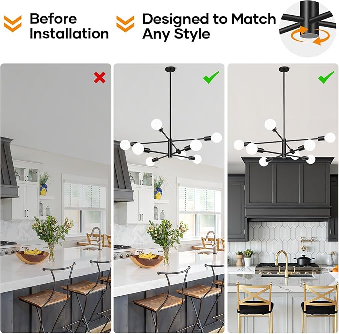 MQMQA Sputnik Chandeliers Dining Room Light Fixture (8-Light, 30-Inch), Modern Black Chandelier, Height Adjustable Mid Century Modern Chandeliers for Dining Room Kitchen Island (Bulbs Not Included)