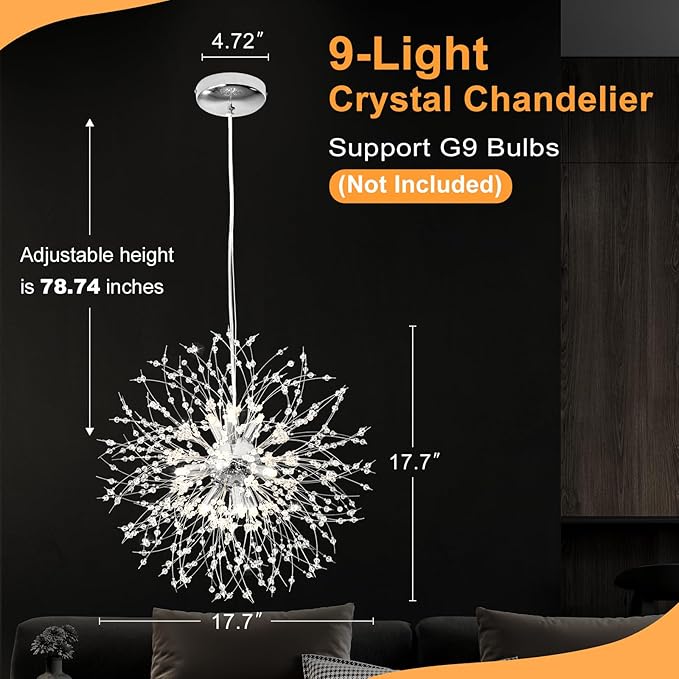 Yiisem Modern Crystal Chandeliers, 9-Light Chrome Dandelion Firework Pendant Lighting, Chandelier Light Fixtures for Dining Room Bedroom Living Room Restaurant Kitchen Hallway