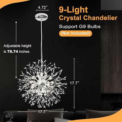 Yiisem Modern Crystal Chandeliers, 9-Light Chrome Dandelion Firework Pendant Lighting, Chandelier Light Fixtures for Dining Room Bedroom Living Room Restaurant Kitchen Hallway