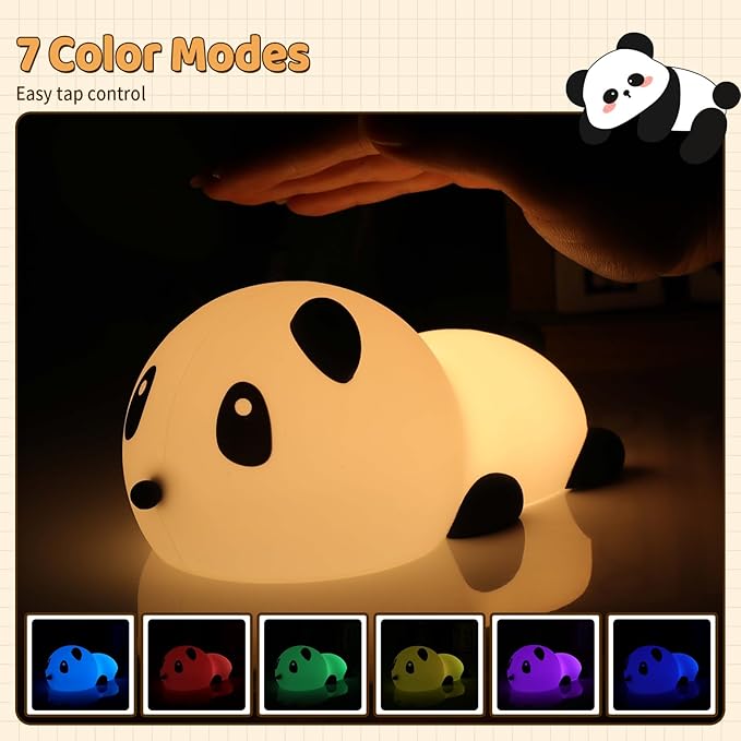 Panda Night Light for Kids: Squishy Silicone Animal Light,7 Soft Colors,Tap Control,Rechargeable,Sleep Timer,Battery Baby Nightlight for Childrens Room & Nursery,Bedside Touch Lamp