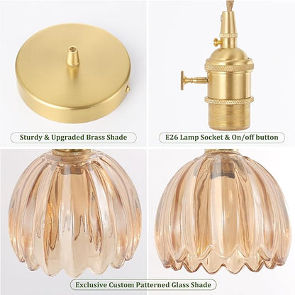 Shenmoyl Pendant Light 2 Pack with Amber Tulip Glass Lmapshade, Brass Vintage Pendant Light Adjustable Hanging Light for Kitchen Island Dining Room Hallway