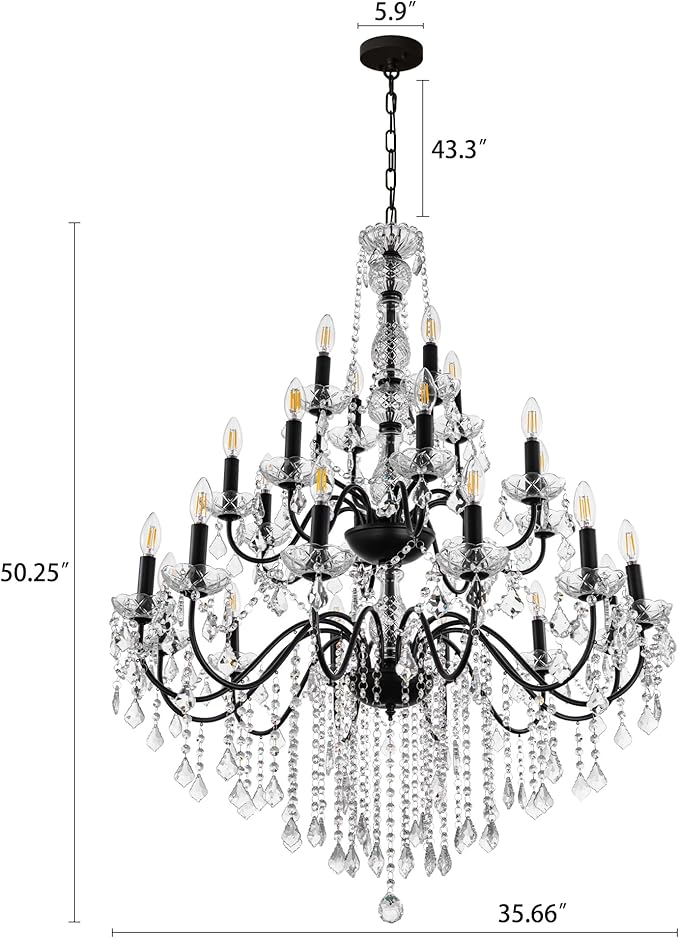 Wellmet Black Chandelier Light Fixture, Luxury Maria Theresa Crystal Chandeliers for High Ceiling Foyer, 24 Lights Hanging Pendant Light for Living Room EntryWay Hall Staircase Large 35.66" (Black)