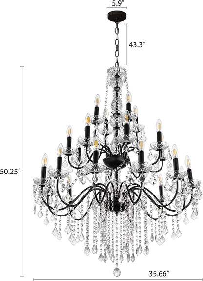 Wellmet Black Chandelier Light Fixture, Luxury Maria Theresa Crystal Chandeliers for High Ceiling Foyer, 24 Lights Hanging Pendant Light for Living Room EntryWay Hall Staircase Large 35.66" (Black)