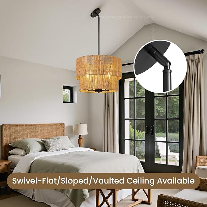 RUIYEY Rattan Chandelier Light Fixtures: 18 inch Boho Large Pendant Lights with Wicker Lampshade, E12 5 Light Height Adjustable Hand Woven Hanging Black Chandeliers for Dining Room Kitchen Living Room