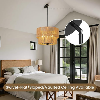 RUIYEY Rattan Chandelier Light Fixtures: 18 inch Boho Large Pendant Lights with Wicker Lampshade, E12 5 Light Height Adjustable Hand Woven Hanging Black Chandeliers for Dining Room Kitchen Living Room