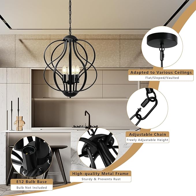 Black Chandelier for Dining Room Light Fixture, 4-Light Modern Farmhouse Chandelier, 17" Large Ceiling Hanging Industrial Pendant Light for Kitchen Island Living Room Foyer Entryway Stair
