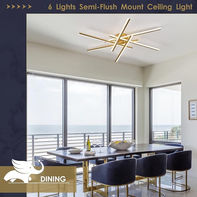 Gold Semi-Flush Mount Ceiling Light Modern 6-Lights LED Chandelier 44'' Remote Control Ceiling Lighting Fixtures for Living Room Bedroom Kitchen Foyer