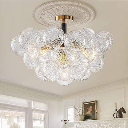 Bubble Ball Semi Flush Mount Ceiling Light Fixture, 24" Bubble Chandelier, Modern Hand Blown Glass Chandelier for Bedroom, Living Room, Dining Room (24” Black Ceiling Light)