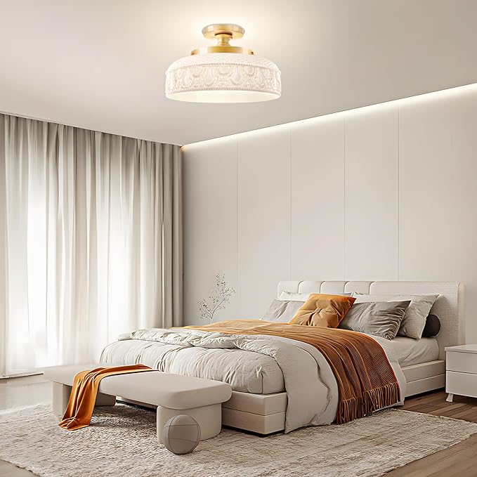 Lamomo Semi Flush Mount Ceiling Light,12 Inch White Glass Shade Gold Hallway Light Fixture,3 Light Globe Glass Close to Ceiling Scone,Indoor Hanging Light for Bedroom Kitchen Porch Hallway