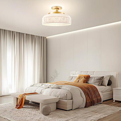 Lamomo Semi Flush Mount Ceiling Light,12 Inch White Glass Shade Gold Hallway Light Fixture,3 Light Globe Glass Close to Ceiling Scone,Indoor Hanging Light for Bedroom Kitchen Porch Hallway