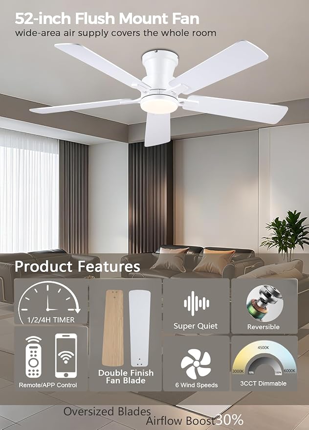 JSAITEE 52Inch Ceiling Fan with Lights and Remotes, Modern Low Profile Flush Mount Ceiling Fans,DC Reversible Motor, 3CCT Dimmable,Noiseless,Dual Finish, White 6 Speeds Ceiling Fan for Indoor/Outdoor