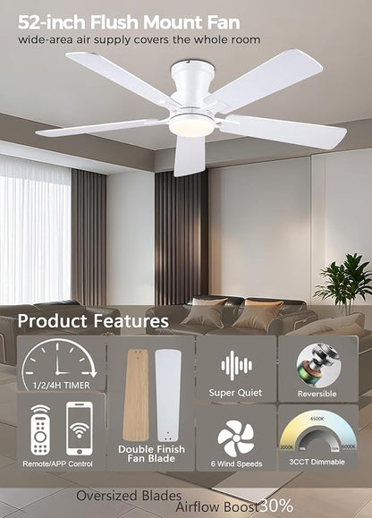 JSAITEE 52Inch Ceiling Fan with Lights and Remotes, Modern Low Profile Flush Mount Ceiling Fans,DC Reversible Motor, 3CCT Dimmable,Noiseless,Dual Finish, White 6 Speeds Ceiling Fan for Indoor/Outdoor