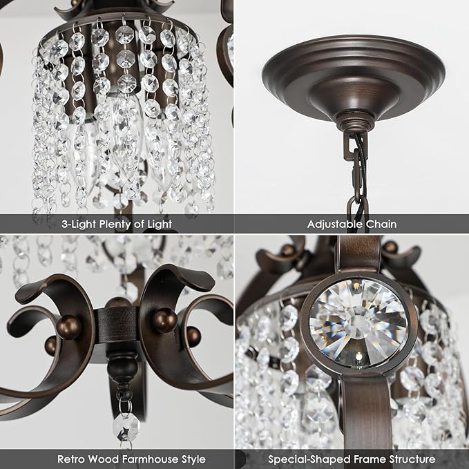 Bronze Crystal Chandeliers for Dining Room, 3-Light 14 Inch Flush Mount Ceiling Light Fixture,Vintage Hanging Pendant Lighting for Kitchen Island,Living Rooms, Foyer