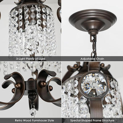 Bronze Crystal Chandeliers for Dining Room, 3-Light 14 Inch Flush Mount Ceiling Light Fixture,Vintage Hanging Pendant Lighting for Kitchen Island,Living Rooms, Foyer