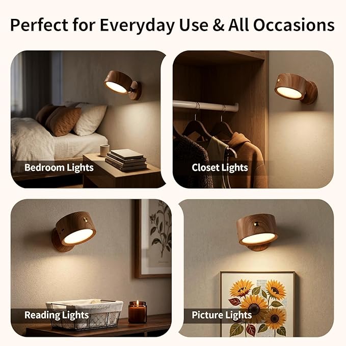 Horta USB Rechargeable Wall Light 2 Pack,360° Rotatable Magnetic Wall Light,Adjustable Wall Light with 3 Color Temperatures+Stepless Dimming with Remote Control Wall Sconce for Bedroom Bedside Hallway