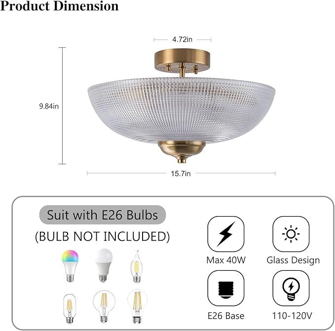 EDISLIVE 3-Light Vintage Glass Ceiling Light Brass Semi-Flush Lighting with Grid Shade,15.7" Antique Close to Ceiling Light E26 for Bedroom Dining Room Foyer Livingroom，Brass Copper Gold