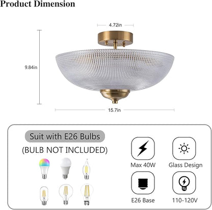 EDISLIVE 3-Light Vintage Glass Ceiling Light Brass Semi-Flush Lighting with Grid Shade,15.7" Antique Close to Ceiling Light E26 for Bedroom Dining Room Foyer Livingroom，Brass Copper Gold