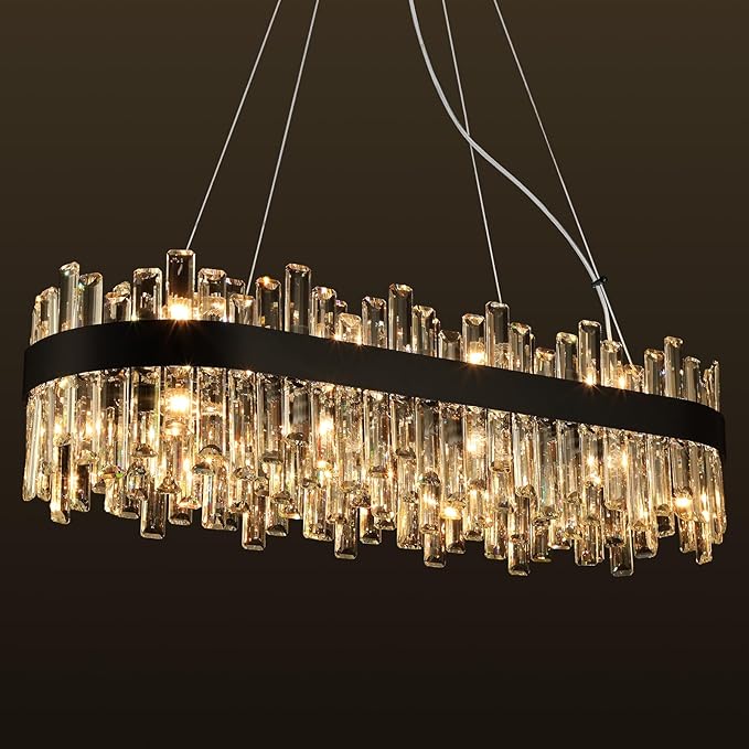 Weesalife Black Crystal Chandeliers for Dining Room, 20 Lights Modern Oval Chandelier for Lining Room, Rectangular Crystal Pendant Light Fixture for Kitchen Island Bar L36 Inch