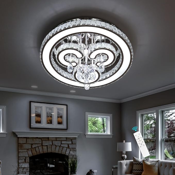 HAIXIANG Modern Glam Chandelier LED Crystal Light Interior Luxury Ceiling Chandeliers Remote Dimmable Lights Fixture 24 Inches Silver Light