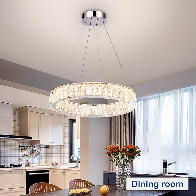 Depuley Modern LED Crystal Chandeliers: 19.7" Ring Chandelier Hanging Crystal Ceiling Light Fixture - 30W Adjustable Height Pendant Light for Living Room Dining Room Bedroom Foyer