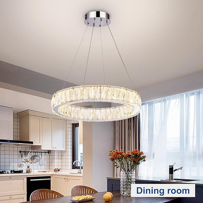 Depuley Modern LED Crystal Chandeliers: 19.7" Ring Chandelier Hanging Crystal Ceiling Light Fixture - 30W Adjustable Height Pendant Light for Living Room Dining Room Bedroom Foyer