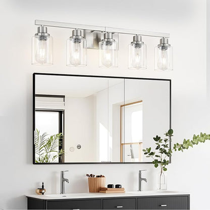 Bathroom Vanity Light, 5-Light Nickel Modern Matte Wall Sconce Lighting with Clear Glass Shade, Wall Lights,Bath Vintage Wall Mounted Lamps for Mirror Bedroom Living Room