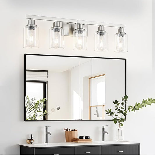 Bathroom Vanity Light, 5-Light Nickel Modern Matte Wall Sconce Lighting with Clear Glass Shade, Wall Lights,Bath Vintage Wall Mounted Lamps for Mirror Bedroom Living Room