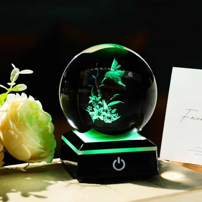 Arikyrist 3D Hummingbird Crystal Ball Gifts for Women Men on Christmas Birthday, Laser Engraved Hummingbird Figurine with Light Base, Hummingbird Globe Glass Decorative Ball for Home Office (80mm)