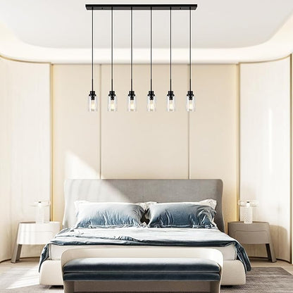 6 Lights Island Lights for Kitchen Modern Industrial Black Linear Chandeliers with Clear Glass Shade for Dining Room Kitchen Long Finish Ceiling Lighting Fixtures